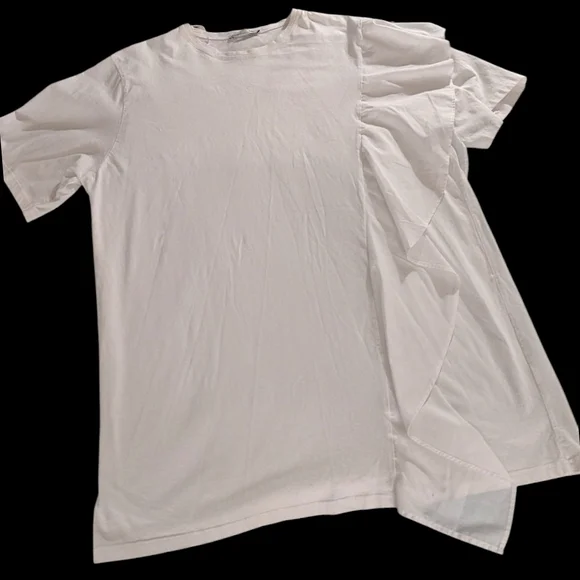 Zara White Short Sleeve Tee with Ruffle Detail, Sz Medium - Picture 1 of 10